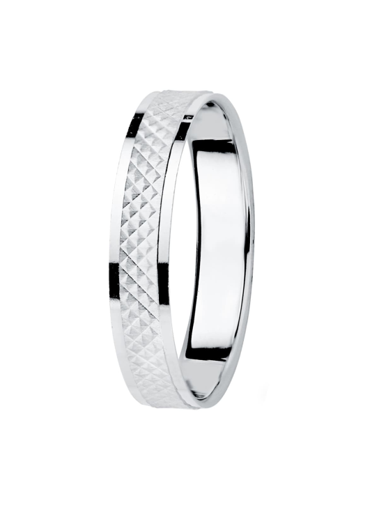 18K ALIANZA ORO BLANCO BORDES BRILLO Y CENTRO TALLADO, ANCHO: 3,5 MM