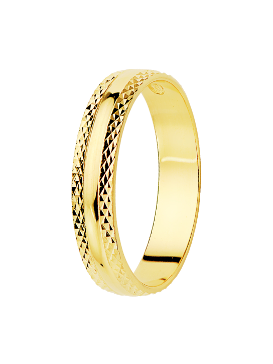 18K ALIANZA ORO AMARILLO BRILLO Y BORDES TALLADOS, ANCHO 4 MM
